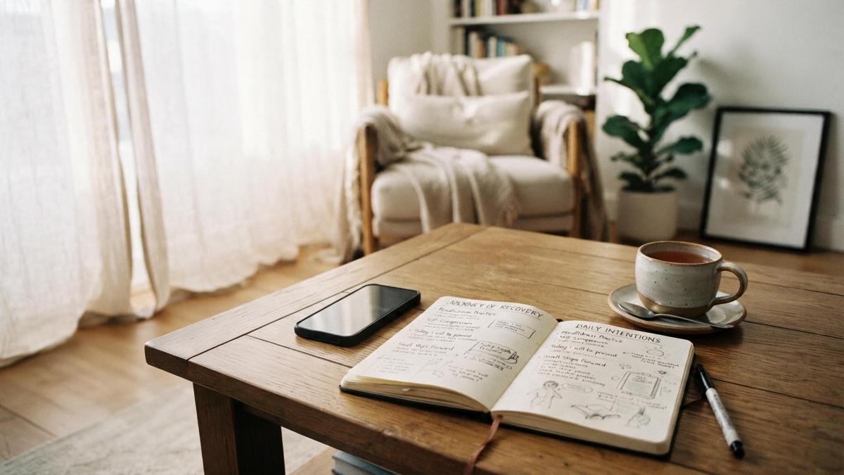 o masa cu un caiet, un telefon si o cafea pe ea, intr o sufragerie 
