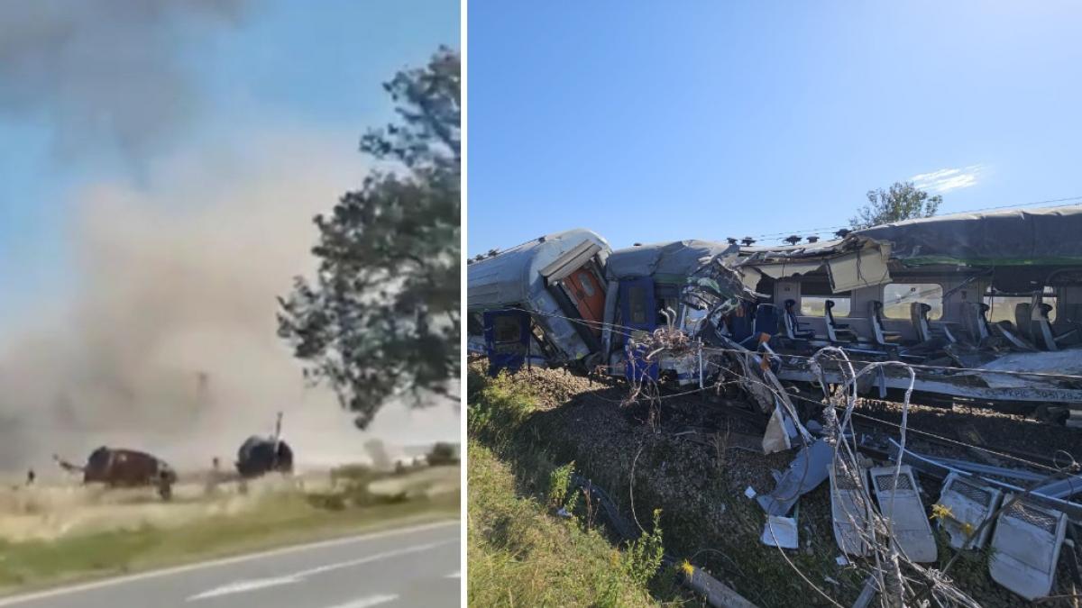 colaj 2 poze in care apare un tren care avea peste 100 de persoane la bord şi care a deraiat în Polonia, după ce a spulberat o autobetonieră