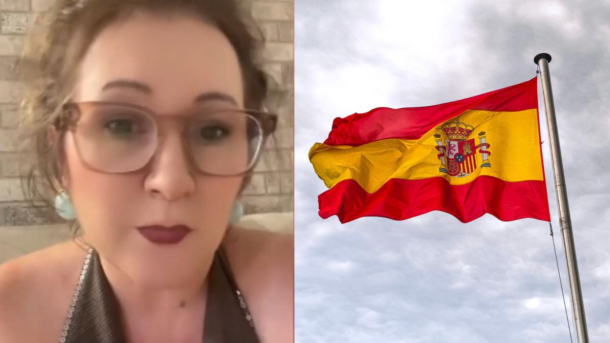 colaj femeie stanga si steagul spaniei dreapta