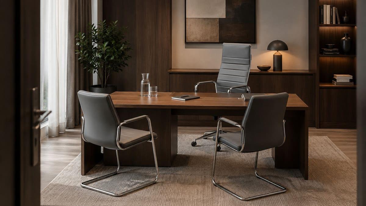 birou elegant modern cu trei scaune si mobilier din lemn 