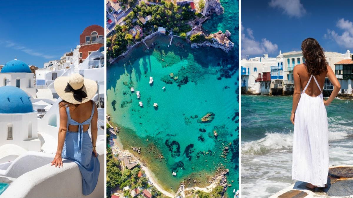 colaj 3 poze in care apar imagini din Santorini, Corfu şi Mykonos - 