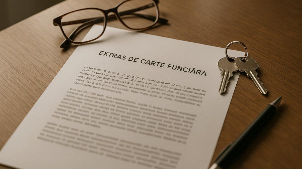 o foaie cu extras de carte funciară pe un birou lângă o pereche de ochelari, un pic si niște chei 