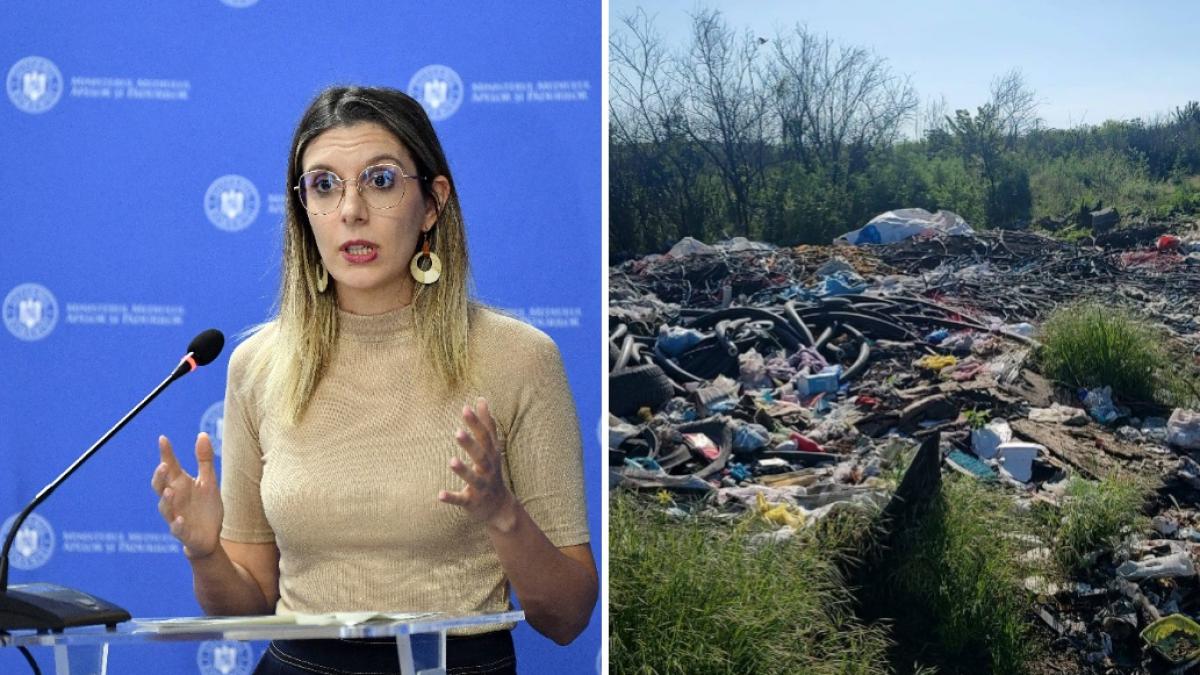 olaj 2 poze in care apar Diana Buzoianu si mai multe gunoaie intr-o zona din localitatea Sintesti, jud. Ilfov.