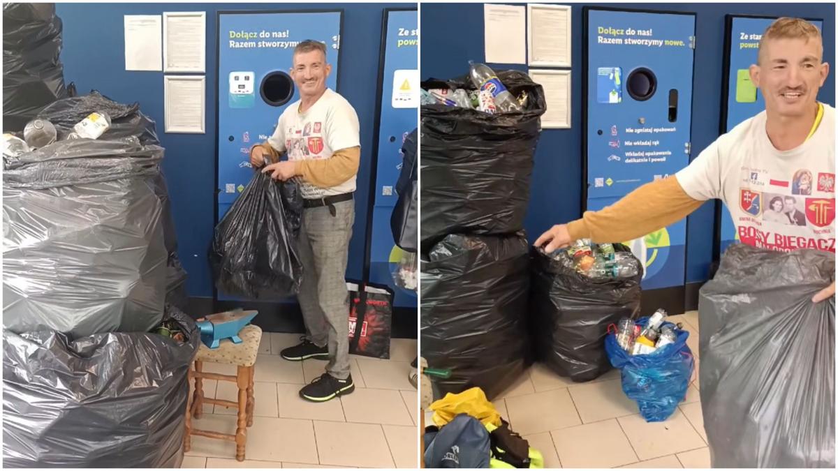 un barbat s a dus la automatul de reciclare cu 11 218 de sticle si doze cati bani a incasat si ce vrea sa faca cu ei