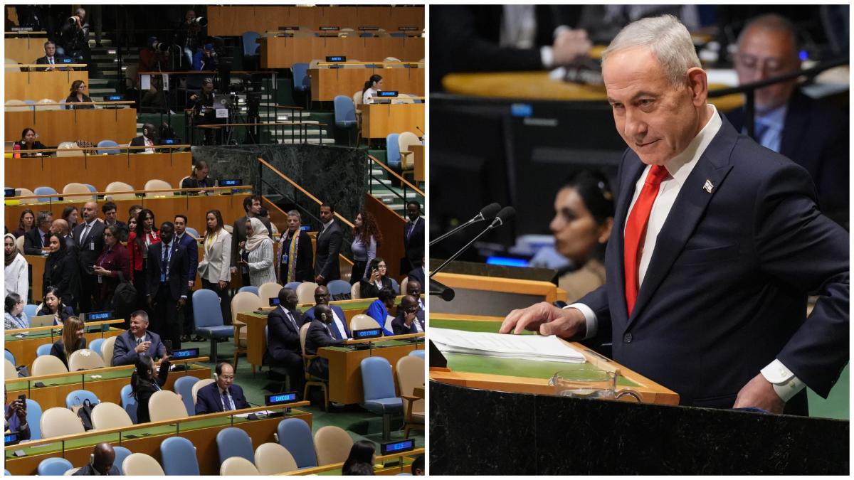 benjamin netanyahu la adunarea generala onu si delegatii care au parasit sala in semn de protest