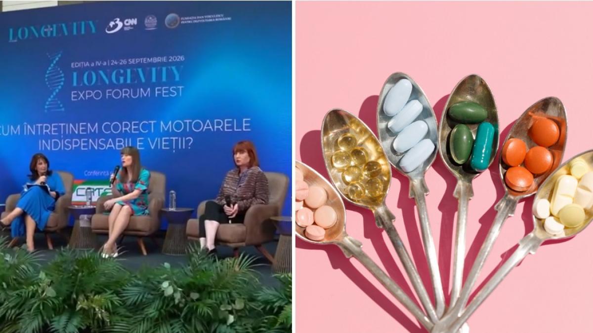 colaj 2 poze - o imagine de la Longevity Expo Forum Fest in timp ce vorbeste Andreea Ivan, farmacista Catena si in a doua sunt mai multe lingurite in care se afla pastile, suplimente, fara numele lor
