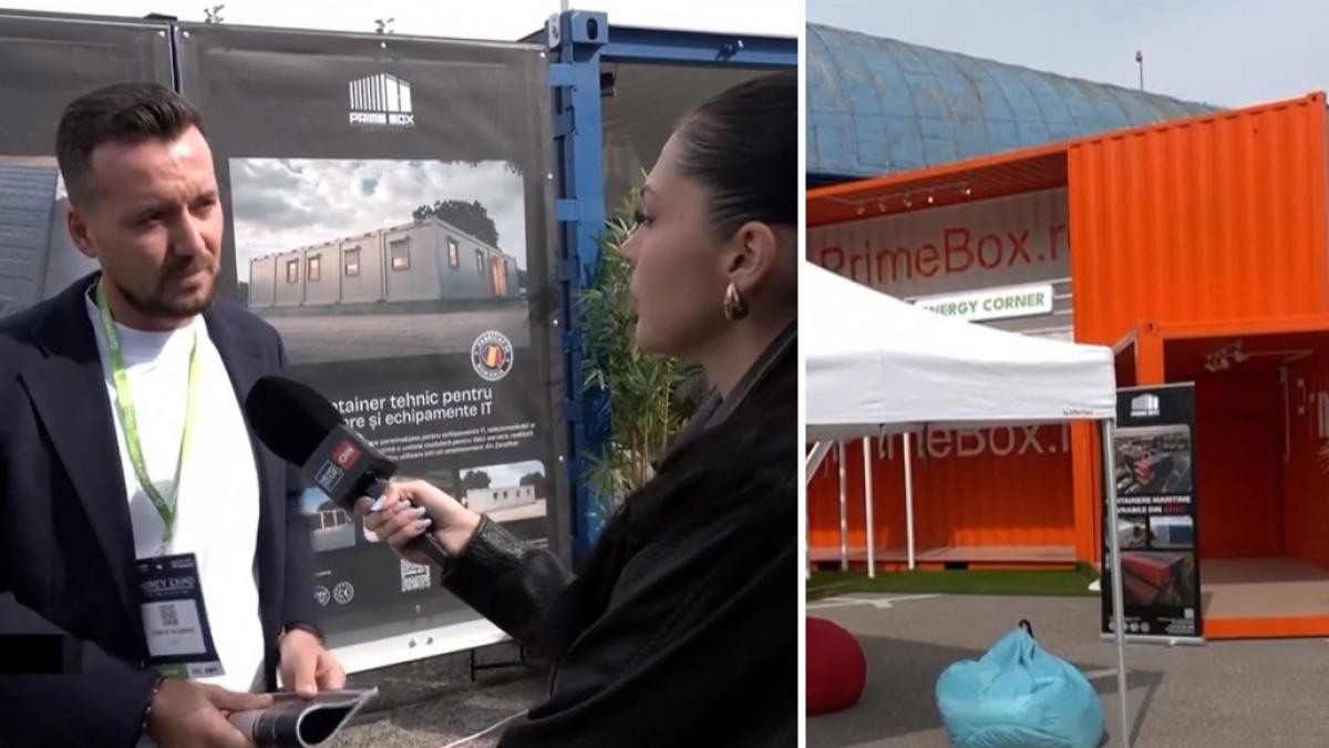 colaj 2 poze in care apar, Valerian Toniţă, producător de construcţii modulare, Ioana Ciobanu, reporter Antena 3 CNN si containere modulare, containere de stocare a enegiei