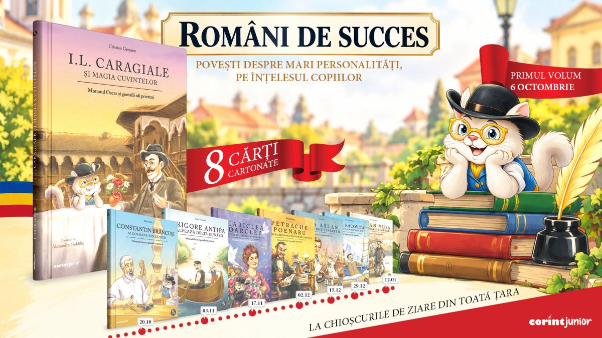 afis serie de cărți Români de succes de editura Corint Junior la chioșcuri octombrie 2026 