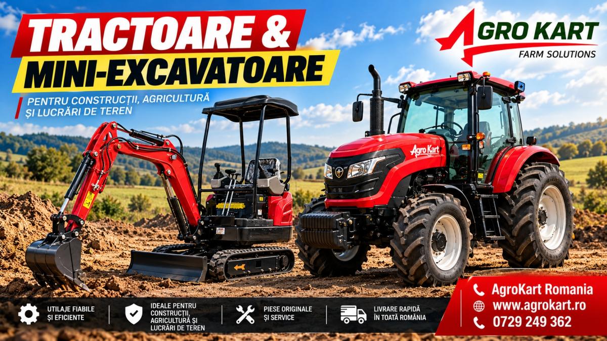 afis publicitar tractoare si mini-excavatoare importate din China prin AgroKart