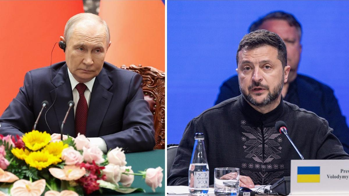 colaj 2 poze in care apar Vladimir Putin, preşedintele Rusiei, şi Volodimir Zelenski, preşedintele Ucrainei. 