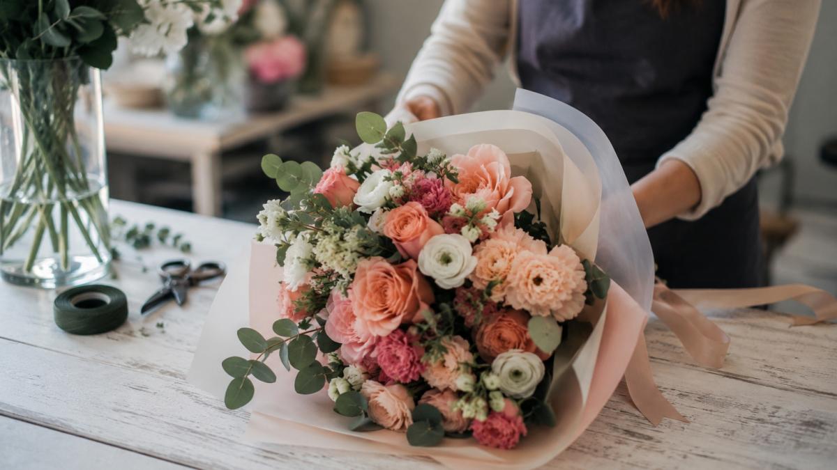 femeie in florărie aranjând un buchet de trandafiri 