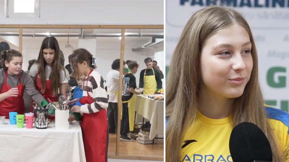 colaj 2 poze - elevi din Campina, unde a ajuns campania Ora Fără Diabet si Iarina Cojocaru, dubla campioana nationala la natatie