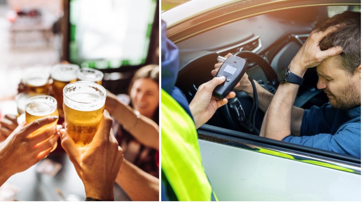 colaj 2 poze - prieteni la o terasa, toast cu pahare cu bere si un sofer care sufla in alcooltestul oferit de un politist al Politiei Romane