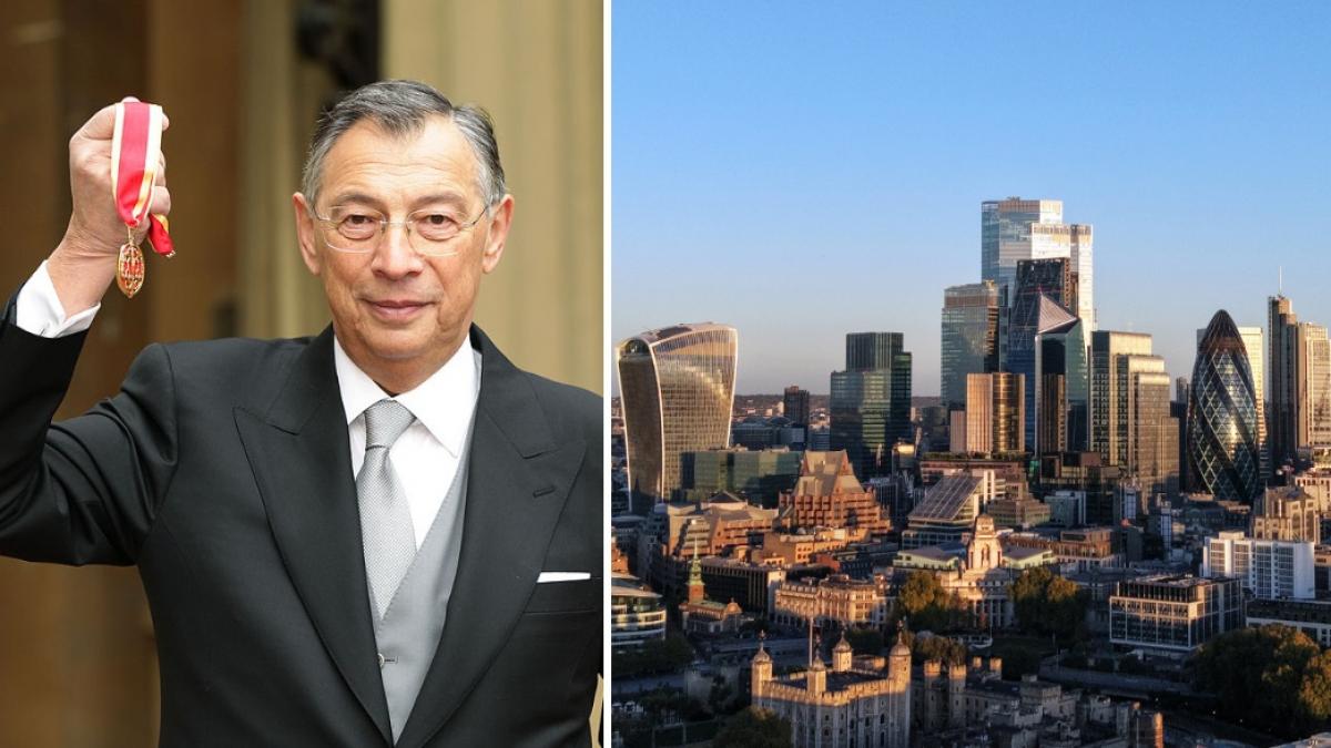 colaj 2 poze - Sir George Iacobescu, primul român înnobilat de Regina Elisabeta a II-a, şi districtul financiar City of London