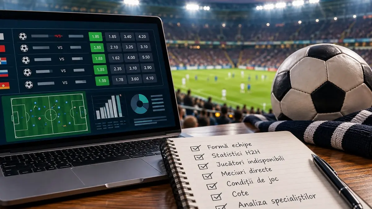 un pupitru deasupra stadionului cu o minge de fotbal, un carnețel si un laptop cu cote pariuri 