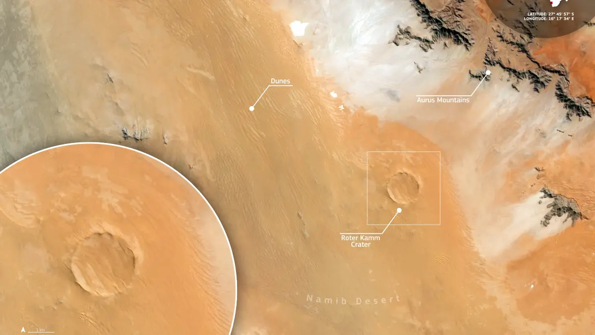 impact cosmic in desert imagine spectaculoasa din satelitul european copernicus a unui crater extrem de bine conservat in namibia