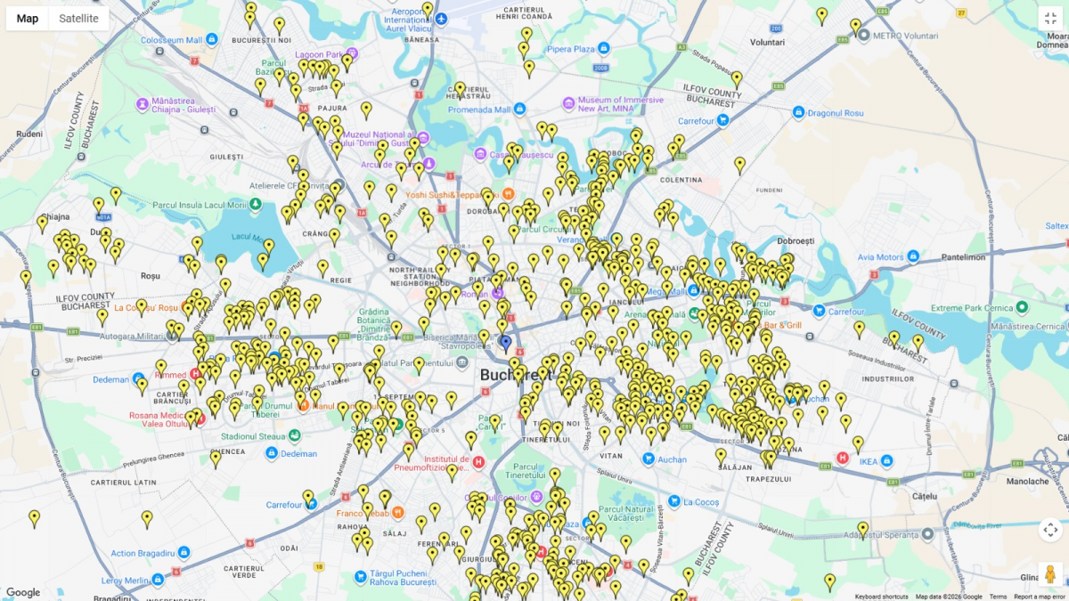 harta cu orașul București cu pin pe fiecare locație infestată cu ploșnițe 