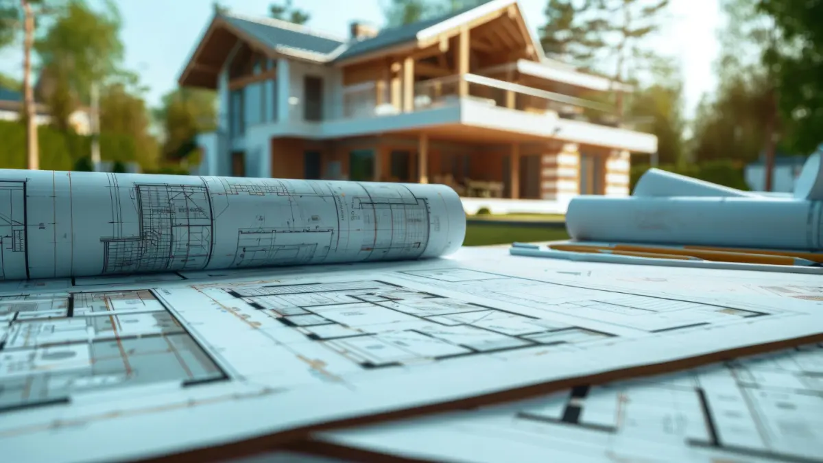 foi cu shite de imobiliare așezate pe o masa in fata unei case in construcție 