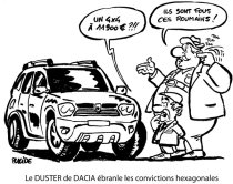Dacia Duster, caricaturizată de francezi: Un 4x4 la 11.900 de euro?!! Românii aştia sunt nebuni! - FOTO