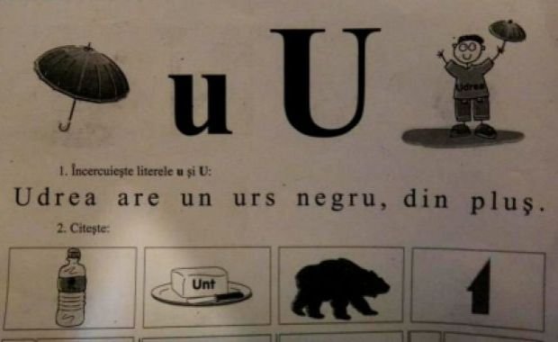 Udrea are un urs negru, din pluş, în manualul şcolarilor din clasa I 