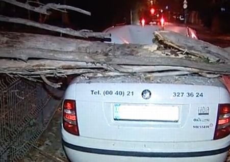 În Bucureşti, vântul puternic a doborât un copac peste o maşină parcată