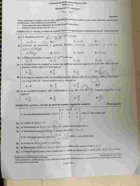 Simulare Bac 2019 Clasa 11 Matematica