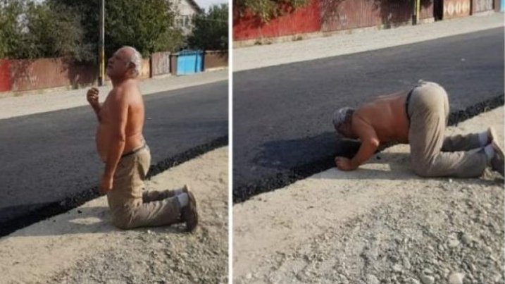 Imagini halucinante surprinse pe o stradă din județul Bacău. Bărbatul s-a așezat în genunchi și a început să se închine! (VIDEO)