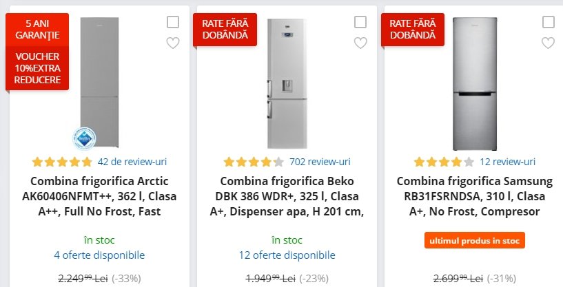 eMAG reduceri. 3 combine frigorifice de top, inclusiv în rate fără dobândă