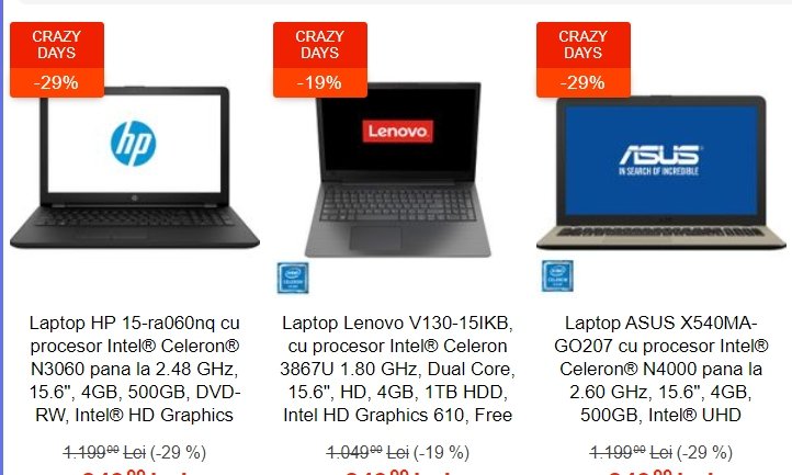 eMAG reduceri. 3 laptopuri cu diagonala mare, sub 900 de lei