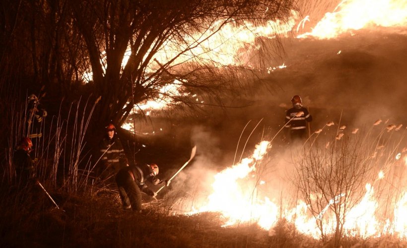 Pompierii cară apa cu rucsacurile, pentru a stinge un incediu de ieri care a afectat 50 de hectare de pădure din Neamț