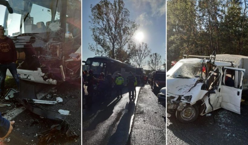 Autocar cu 30 de persoane, impact frontal violent cu o dubă, în Argeș
