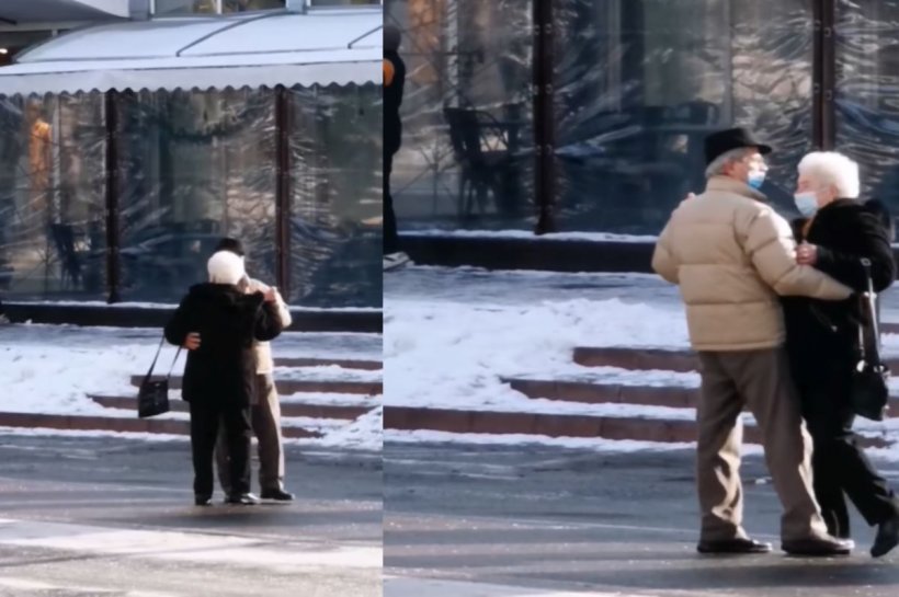 Doi bătrâni din Piatra Neamț dansează fericiți pe stradă, lângă o terasă. Distracție în timpul pandemiei - VIDEO