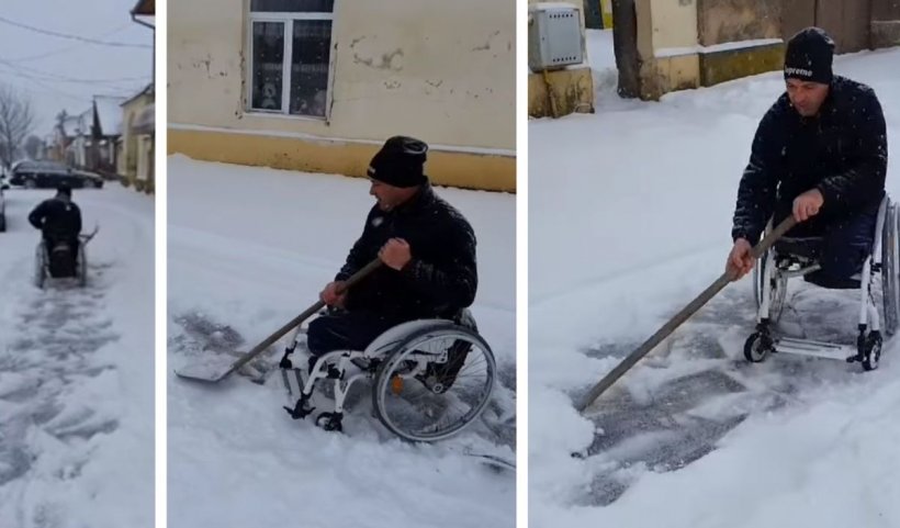 Un bărbat fără picioare, în scaun cu rotile, surprins când deszăpezește o stradă din Brașov