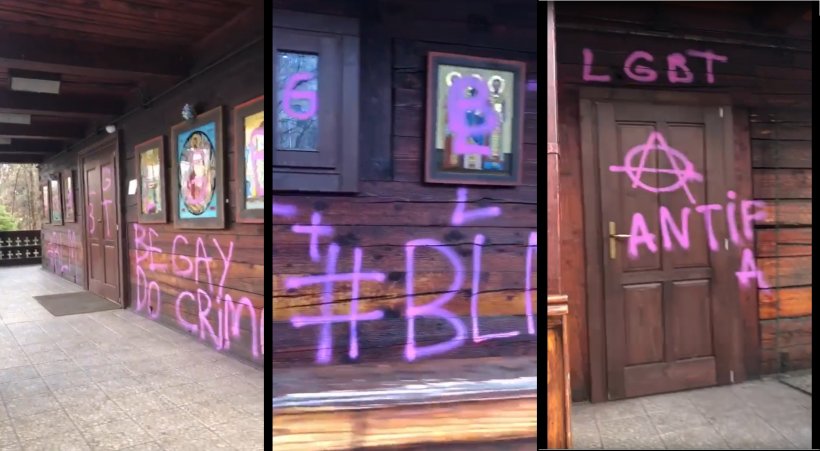 Biserică vandalizată în parcul IOR din Capitală cu mesaje pro LGBT, scrise cu spray roz / VIDEO