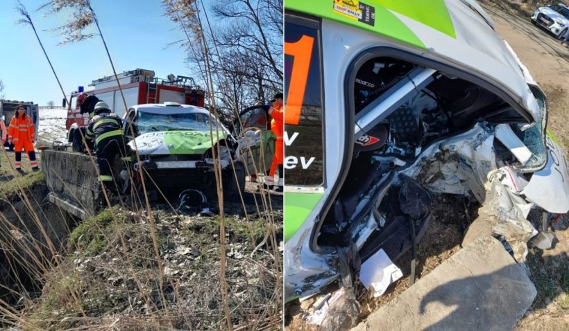 Accident la Raliul Braşovului. O maşină s-a înfipt într-un cap de pod, copilotul a rămas încarcerat