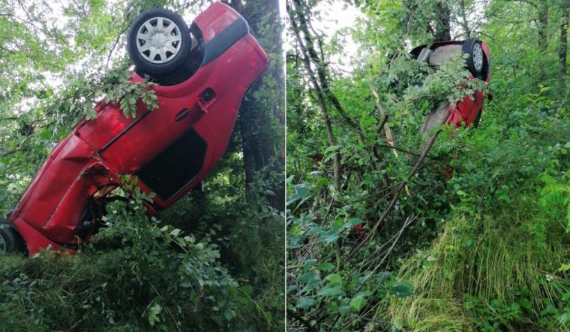 Un tânăr din Argeş a reuşit să urce un Logan în copaci, după un accident în Hârseşti