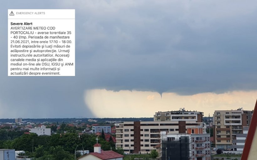 Mini-tornadă surprinsă în apropiere de București. Este cod roșu de ploi pentru județul Ilfov