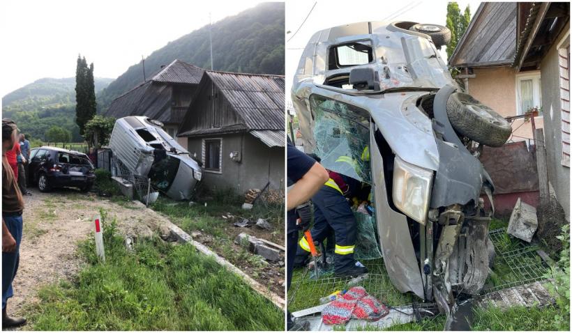 Accident spectaculos în Bistrița-Năsăud. O mașină a ajuns cu roțile pe o casă, sub fereastra dormitorului