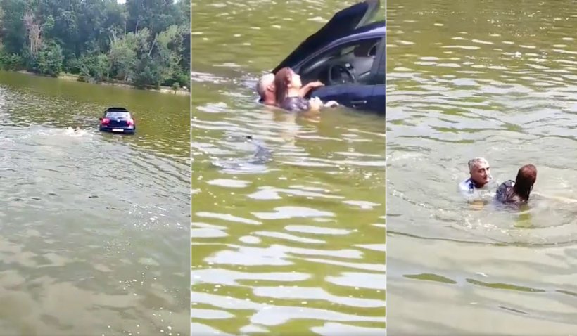 Șoferiță beată din Iași, salvată de la înec de un polițist, după ce a plonjat cu mașina în lac