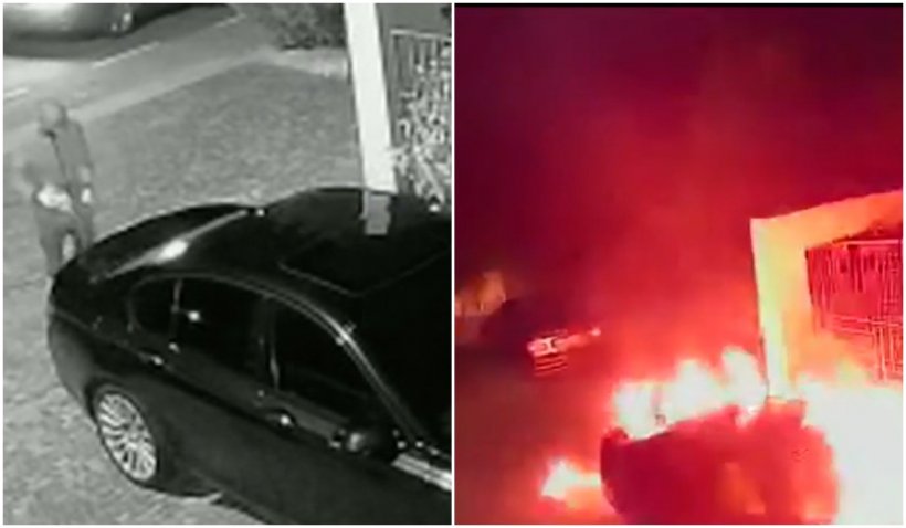 Mașină incendiată în stil mafiot, în parcarea unei locuințe din Giarmata, lângă Timișoara. "Este a unui luptător MMA"