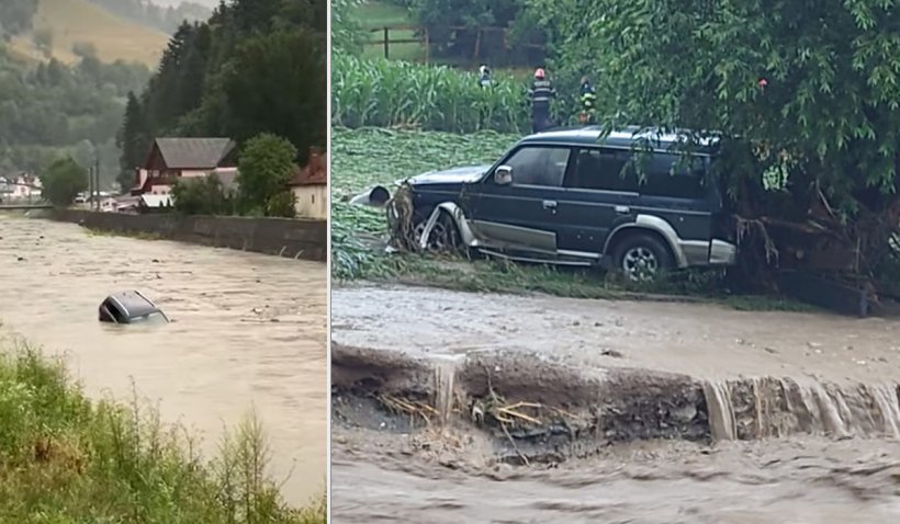 Dezastrul lăsat în urmă de ploile torenţiale. Maşini surprinse plutind pe râul Arieş 
