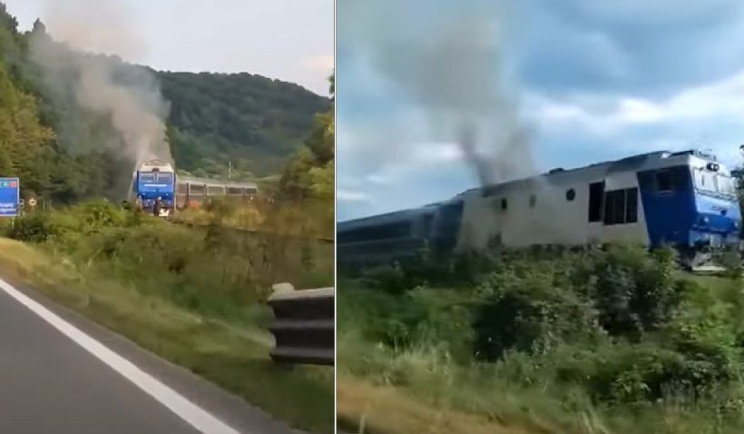 Locomotiva unui tren accelerat a luat foc în mers pe Valea Drăganului