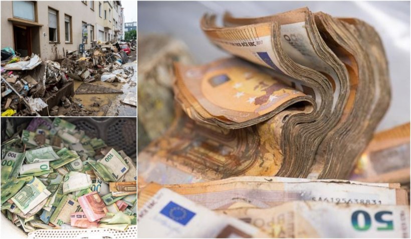 Mii de bancnote ude şi pline de noroi adunate de angajaţii Băncii Federale din Germania pentru a fi curăţate şi spălate după inundaţiile devastatoare