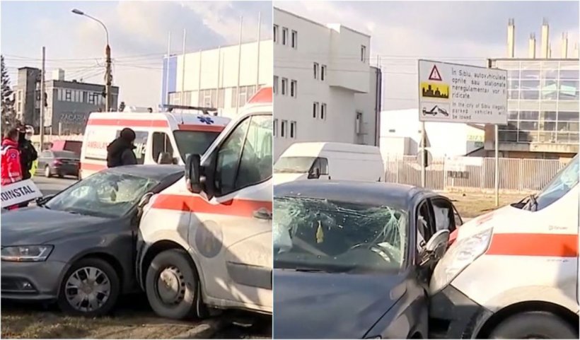 O ambulanţă a intrat pe contrasens şi s-a izbit de o maşină pe care a proiectat-o într-un stâlp, la Sibiu