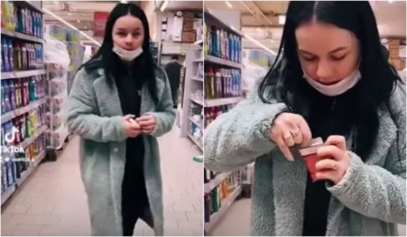 Tânără filmată când înțepa prezervativele dintr-un supermarket, apoi le-a pus înapoi pe raft