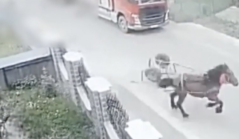 Momentul în care o căruță este izbită de un camion aflat în depășire, în Pipirig, Neamț