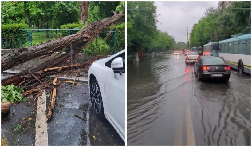 Ploaia torențială din București a adus inundații pe bulevardele mari și copaci căzuți