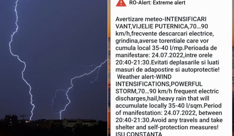 Mesaj RO-Alert de vreme extremă în Constanţa | Meteorologii anunţă averse de 40 de litri pe metru pătrat