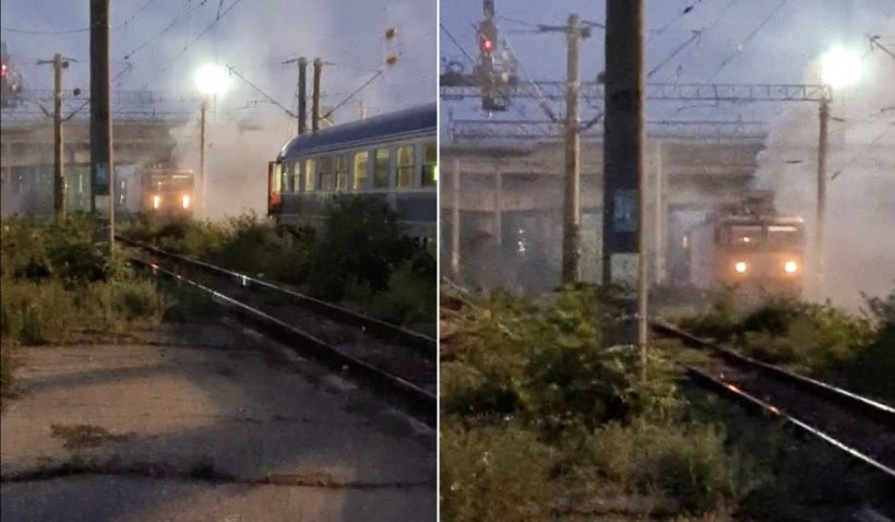 Locomotiva unui tren de călători a luat foc în Gara de Sud din Ploiești.  Incendiu cu