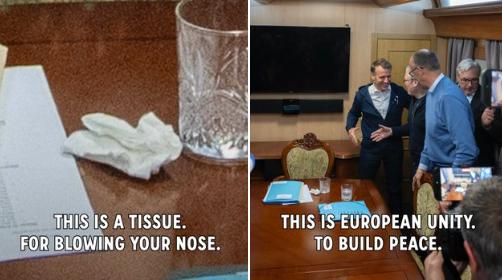 Ce ascunde Macron de pe masă, în trenul cu liderii europeni de la Kiev. Kremlinul a răspândit un fake news că ar fi consumat cocaină